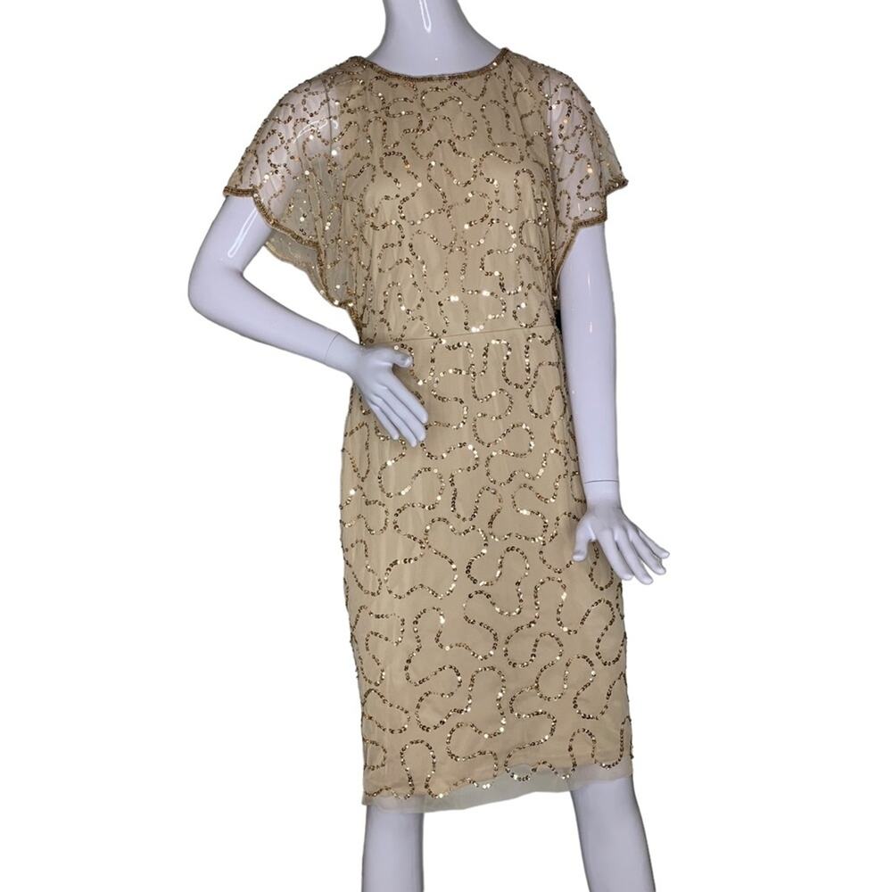 Adrianna Papell NWT Sequence Champagne Gold Sheath Dress Short Sle…